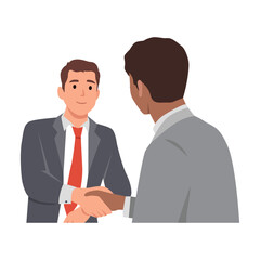 Two international business man Caucasian and Black shaking hands. Businessmen first meeting greeting with firm handshake. Flat vector illustration isolated on white background