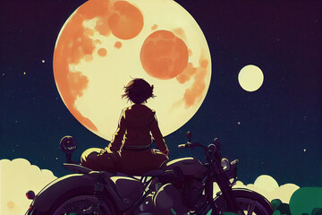 manga girl watching the moon on a sci fi planet, anime art