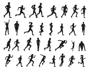Running people silhouettes collection, Running man and woman silhouettes