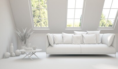 Fototapeta premium White living room with sofa and summer landscape in window. Scandinavian interior design. 3D illustration