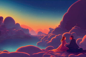 Fototapeta premium a couple sitting on pink clouds, fantasy art