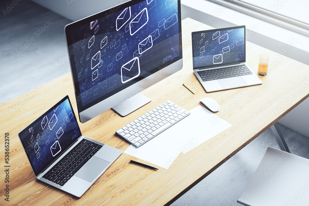 Poster Creative abstract postal envelopes hologram on modern computer monitor, email and notification concept. 3D Rendering