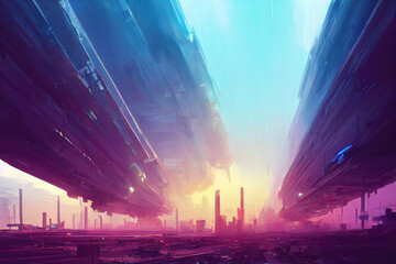 colorful sci fi city illustration, concept art - obrazy, fototapety, plakaty