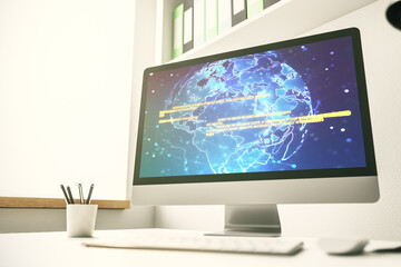 Computer monitor with abstract creative programming illustration and world map, big data and blockchain concept. 3D Rendering