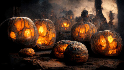 Halloween Pumpkins in epic scene. showcase proudact Background. 3D render