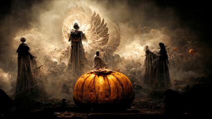 Halloween Pumpkins in epic scene. showcase proudact Background. 3D render