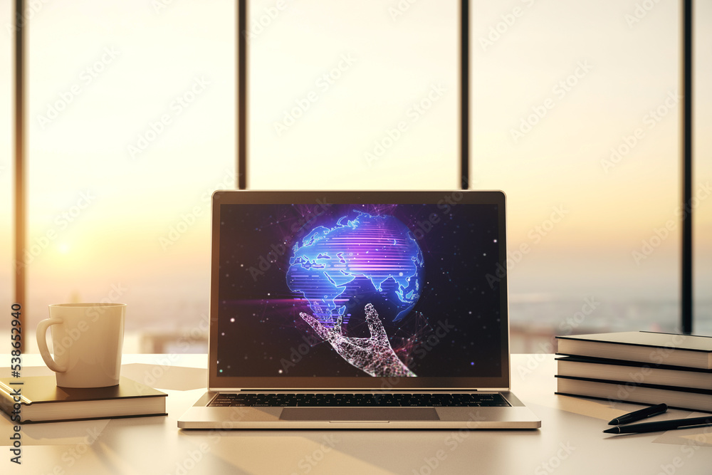 Poster Modern computer display with abstract graphic world map, big data and networking concept. 3D Rendering