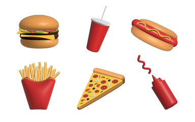 3d food icon with burger, french fries, drink, pizza, hot dog and ketchup