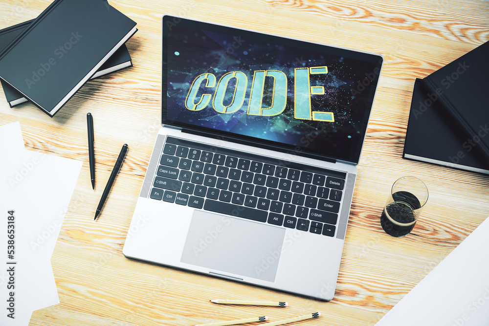 Poster Creative Code word sign on modern computer monitor, international software development concept. 3D Rendering