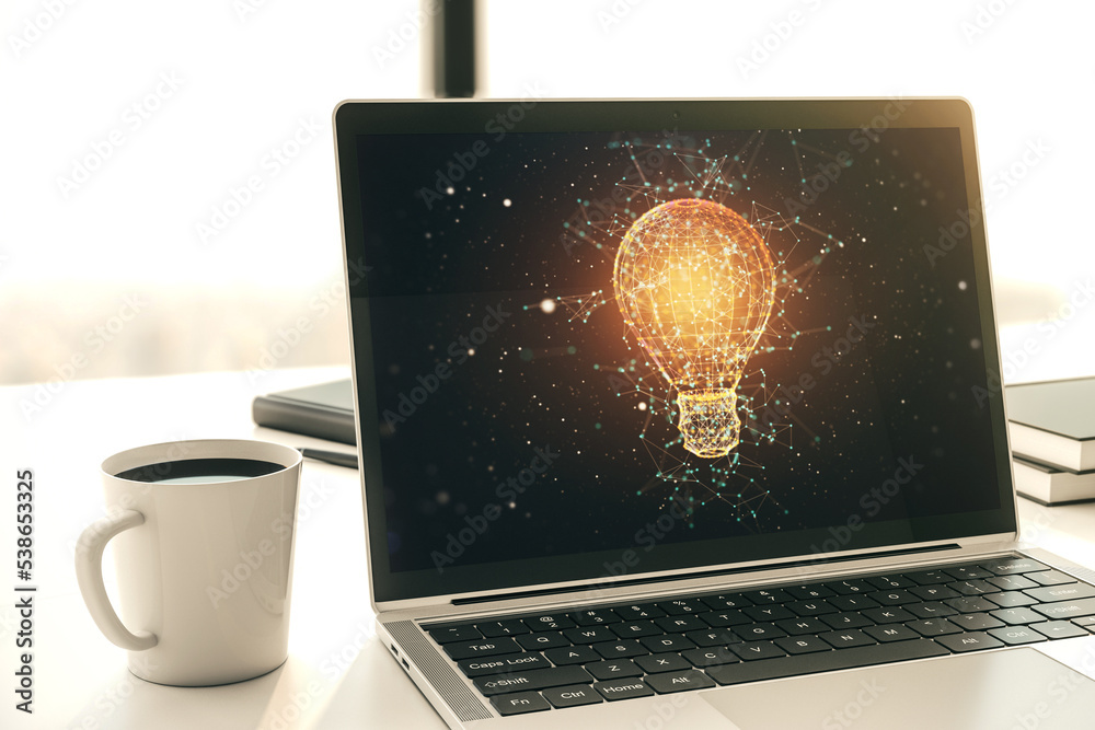 Poster Modern computer monitor with creative light bulb hologram, research and development concept. 3D Rendering
