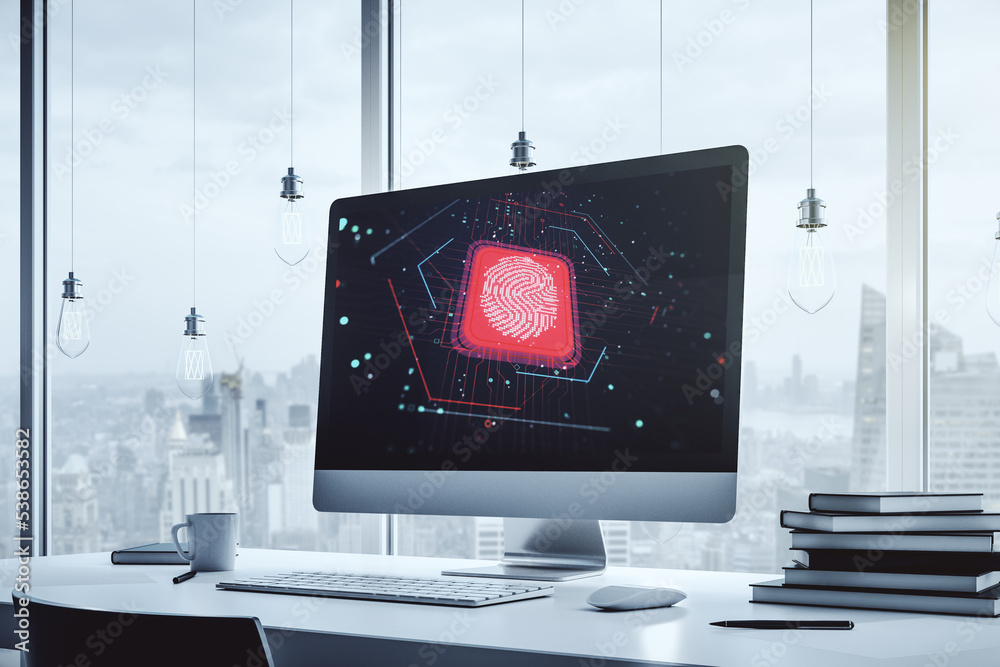 Poster Abstract creative fingerprint hologram on modern computer monitor, protection of personal information concept. 3D Rendering