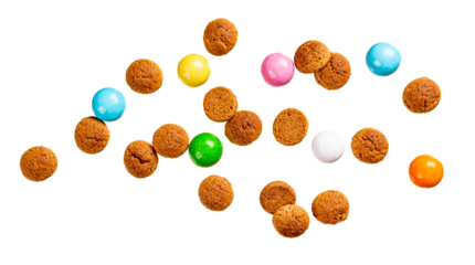 Dutch holiday Sinterklaas greetings card with flying kruidnoten cookies isolated over white. Pepernoten, traditional sweets, strooigoed