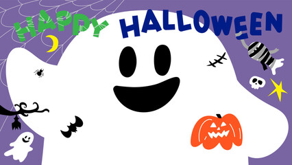A Halloween illustration with a big ghost