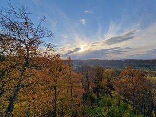 Panoramic aerial view of Gauja national park, autumn colors in Sigulda, Latvia autumn landscape, Europe