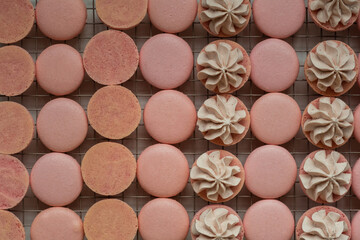 A lot of pink macaroon halves on a cooling rack. Сooking process of French dessert macaroon with strawberry flavor. Flat lay