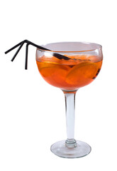 Cocktail Aperol with three black plastic tubes in a tall glass isolated