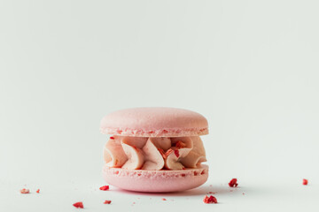 Pink strawberry macaroon decorated with golden petals and freeze-dried red berries on the white background. Traditional French dessert. Close up shot.