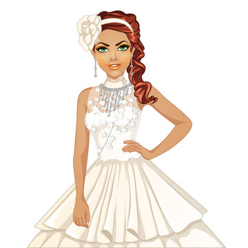 Cute Cartoon Bride with Red Hair and Wedding Gown. Vector Illustration