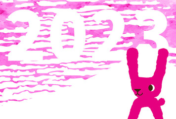 2023年の年賀状：浮世絵風の雲と墨調でピンクの空と富士山とかわいいピンクのウサギ 3