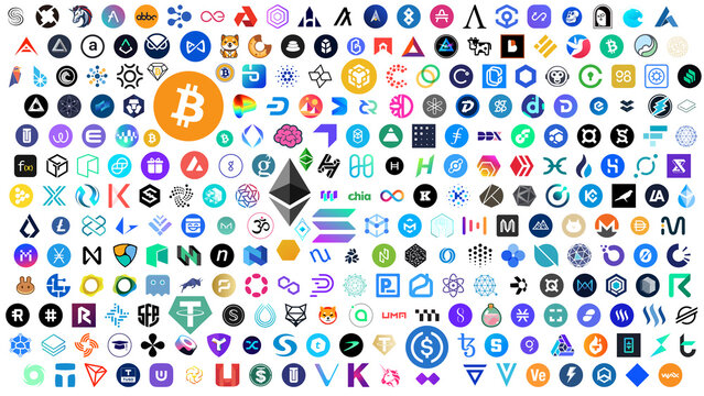 Many cryptocurrencies. Illustration with numerous crypto logos, many coins, multiple assets, logos Bitcoin and Ethereum are bigger, stablecoins, altcoins. 