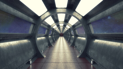 3d render. Futuristic spaceship corridor interior