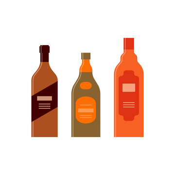 Set bottles of brandy whiskey rum. Icon bottle with cap and label. Great design for any purposes. Flat style. Color form. Party drink concept. Simple image shape