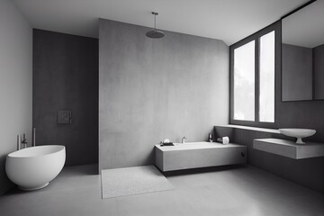 Fototapeta na wymiar Front view of dark bathroom interior with bathtub, with gray walls and concrete floor. 3d rendering