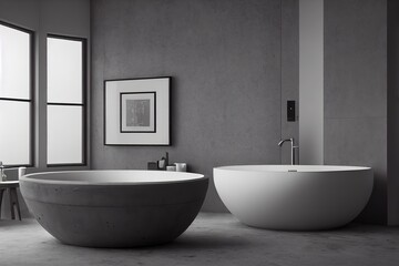 Naklejka na ściany i meble Front view of dark bathroom interior with bathtub, with gray walls and concrete floor. 3d rendering