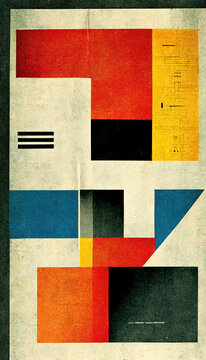 Old abstract Bauhaus poster on an grunge, yellow, vintage paper, retro stile, geometric shapes, lines squares, black, teal, dark blue, orange, yellow, gray colorful background with copy space for text © Little River