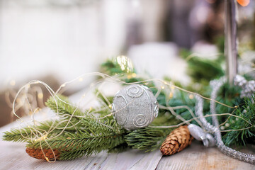 Christmas decoration. New Year's toys on a Christmas tree.Christmas background for postcard. selective focus