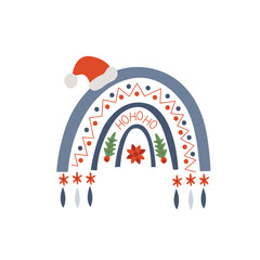 Christmas rainbow vector with red hat. Christmas holidays decor. Rainbow for party. Doodle cartoon style. Isolated on white background.