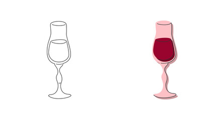 Liquor glass with ice on white background. Cartoon sketch graphic design. Flat style. Colored and black white hand drawn image. Party drink concept for restaurant, cafe, party. Freehand drawing style