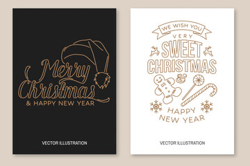 I wish you a very sweet Christmas and Happy New Year flyer, brochure, banner, poster with snowflakes, christmas candy, cookie. Vector. Line art design for xmas, new year emblem in retro style.