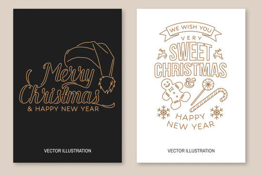 I wish you a very sweet Christmas and Happy New Year flyer, brochure, banner, poster with snowflakes, christmas candy, cookie. Vector. Line art design for xmas, new year emblem in retro style.