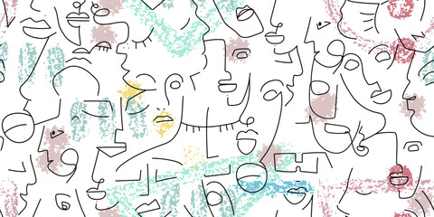 One line drawing. Abstract face seamless pattern.