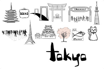 Cute small drawings of famous landmarks in the beautiful city of Tokyo, Japan. Hand drawn vector illustration. City name included.