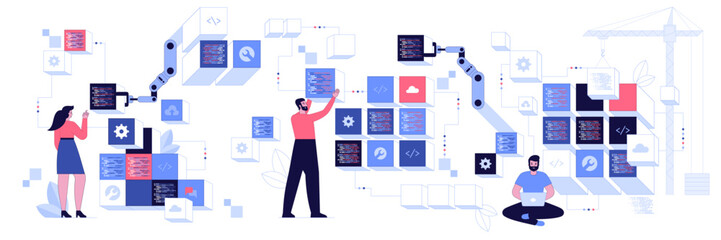 People characters developing software program and mobile app. Developers programming and writing program code. Programming and engineering development process concept. Vector illustration
