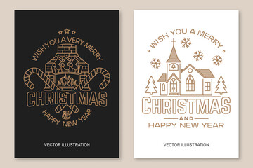 Wish you a very Merry Christmas and Happy New Year Flyer, brochure, banner, poster line art typography design with fireplace, Christmas socks, christmas candy, Catholic Church. Vector. Line art design