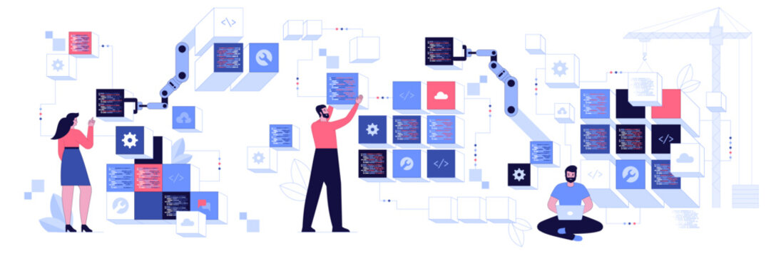 People characters developing software program and mobile app. Developers programming and writing program code. Programming and engineering development process concept. Vector illustration