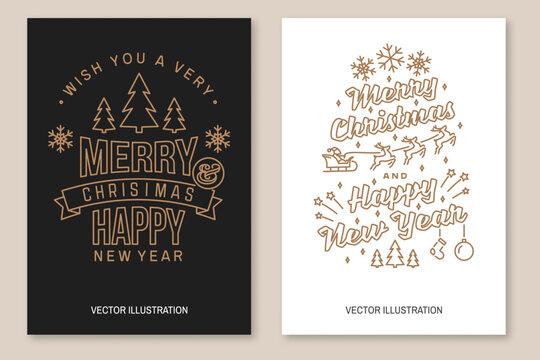 Wish you a very Merry Christmas and Happy New Year flyer, brochure, banner, poster with forest landscape, christmas tree, angels, santa claus in sleigh with deer. Vector. Line art design for xmas, new