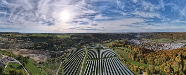 Solar-park next to the rural town - Gerhausen, South Germany, Baden-Wuerttemberg, 360 degree aerial panoramic view.