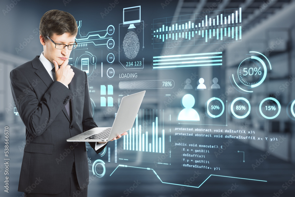 Aufkleber businessman using laptop with creative glowing business chart interface hologram on blurry office in