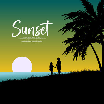Silhouette of mother and child enjoying the sunset on the beach. Vector illustration.