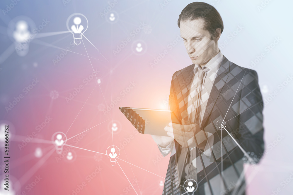 Poster businessman using tablet with abstract glowing people and light bulb network on blurry background. n
