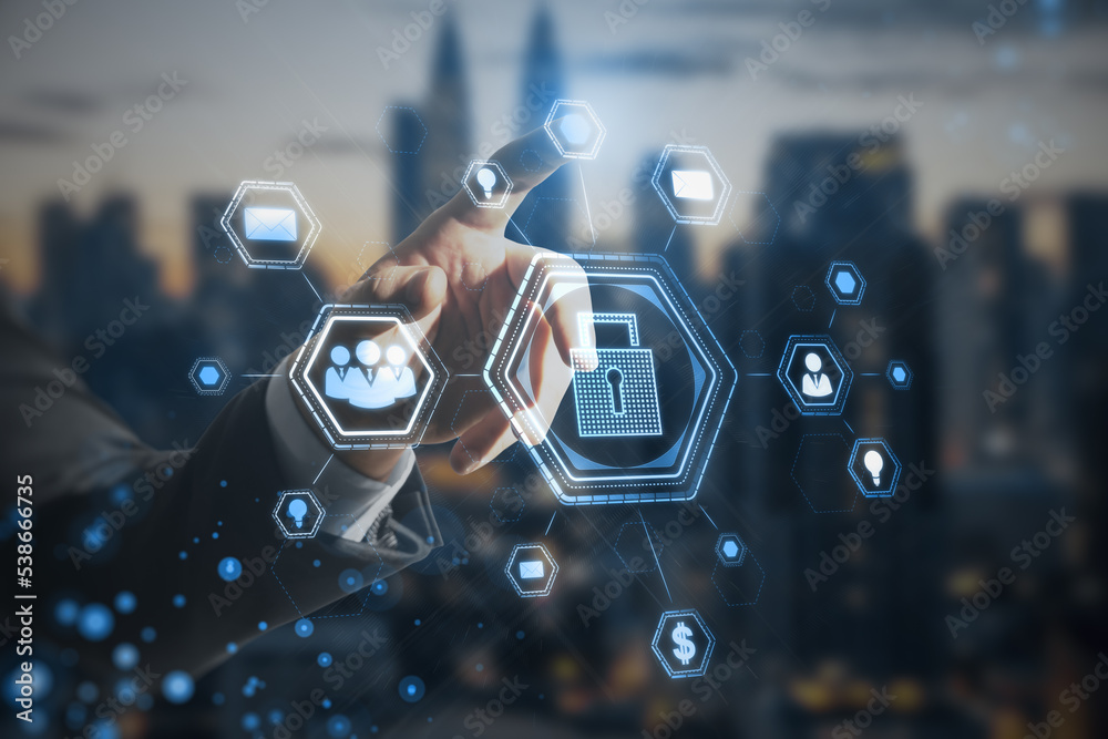 Poster Close up of man hand using abstract glowing padlock hologram on blurry city background. Secure web and protection concept. Double exposure.