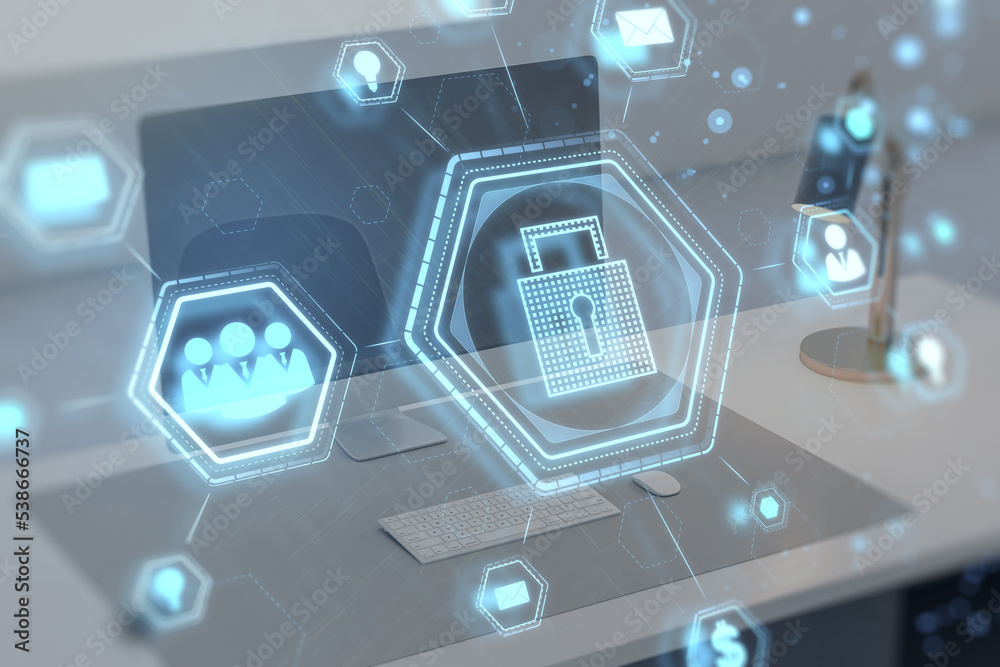 Poster close up of office workplace with computer monitor and abstract glowing padlock hologram on blurry c