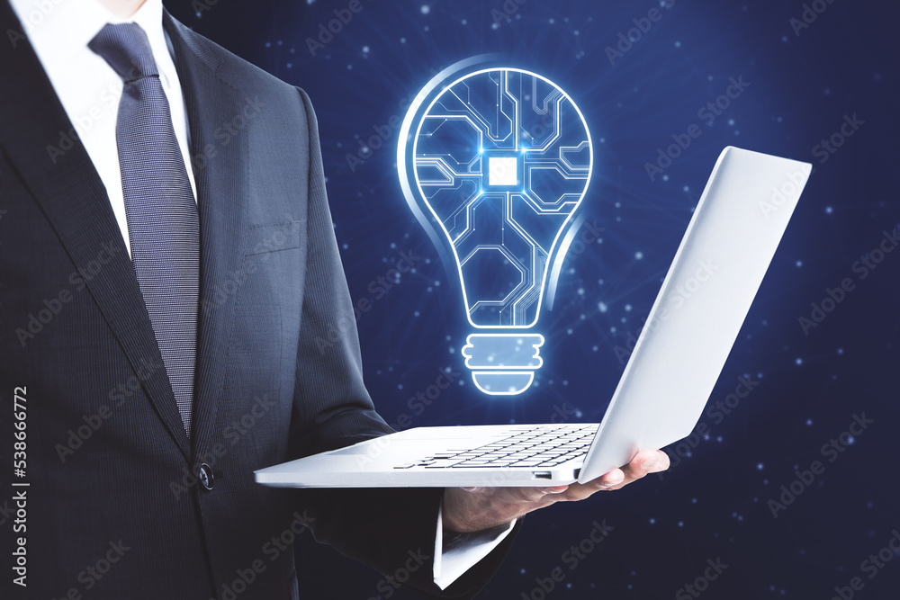 Poster Close up of businessman hands holding laptop with abstract glowing light bulb with chip hologram on blurry dark background. Artificial intelligence and neural network concept.