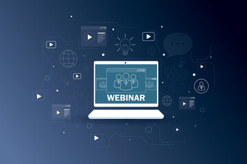 Online seminar concept with webinar sign on graphic laptop screen on blue background with social media icons. 3D rendering