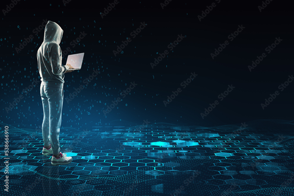 Poster Hacker with laptop computer and mock up place with creative blue hexagonal background. Technology, hacking, design and landing page concept.