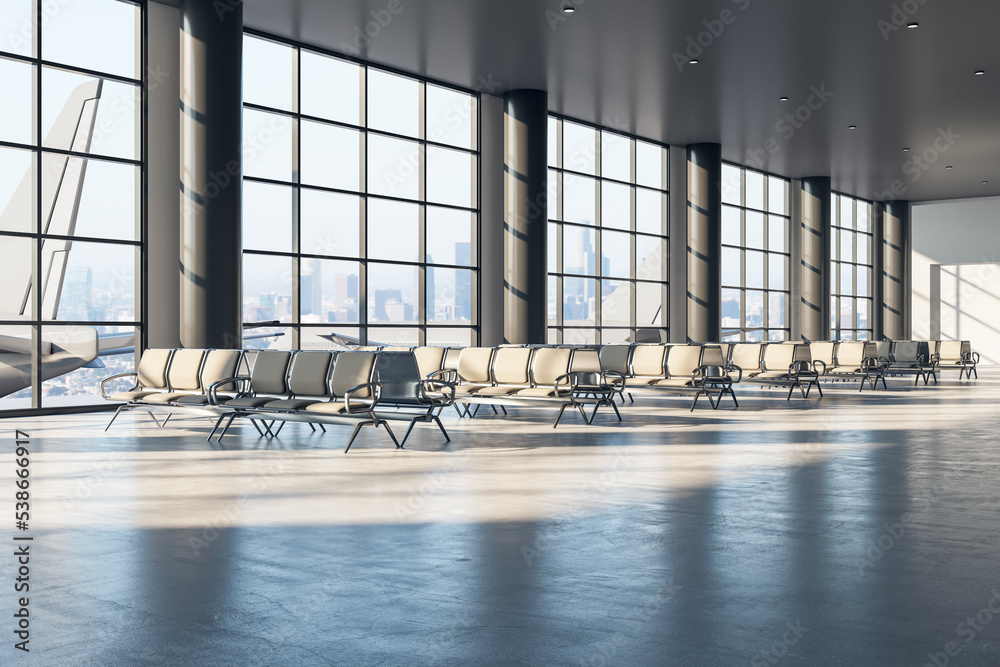 Poster Business travel and avia concept with perspective view on light empty seat rows in sunlit spacious waiting area hall with huge panoramic windows and concrete floor. 3D rendering